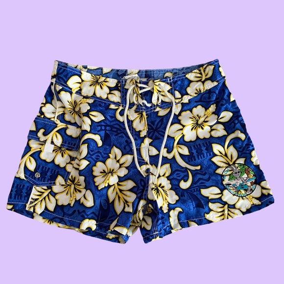 Vintage Hibiscus Blue Yellow Swim Shorts w/ Patch - Picture 1 of 4